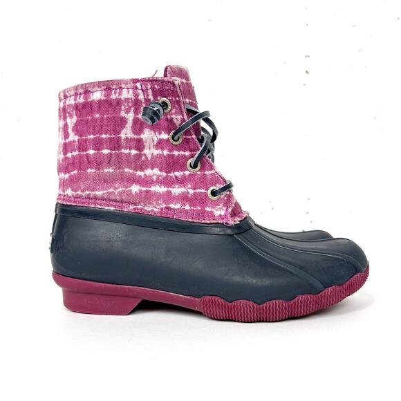 Sperry Saltwater Kids Duck Boots Lace Up & Zip Closure Tie Dye Pink Size 1 - Picture 1 of 11